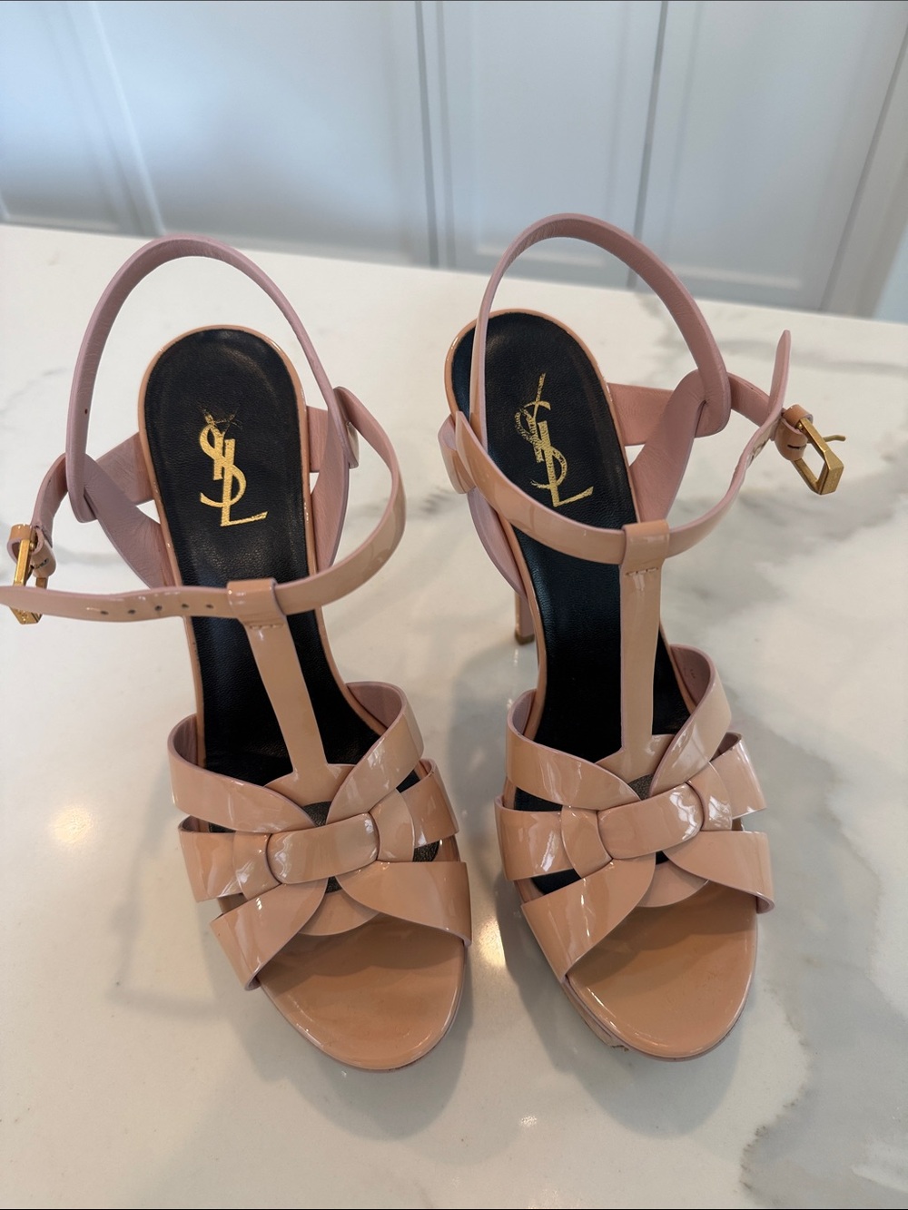 Saint Laurent Nude Patent Leather Woven Platform Sandals - Picture 5 of 7
